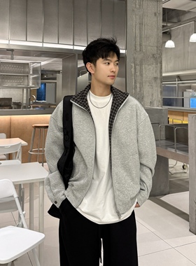 飞型记500g重磅内襟格纹重磅立领灰色卫衣男宽松廓形夹克开衫外套