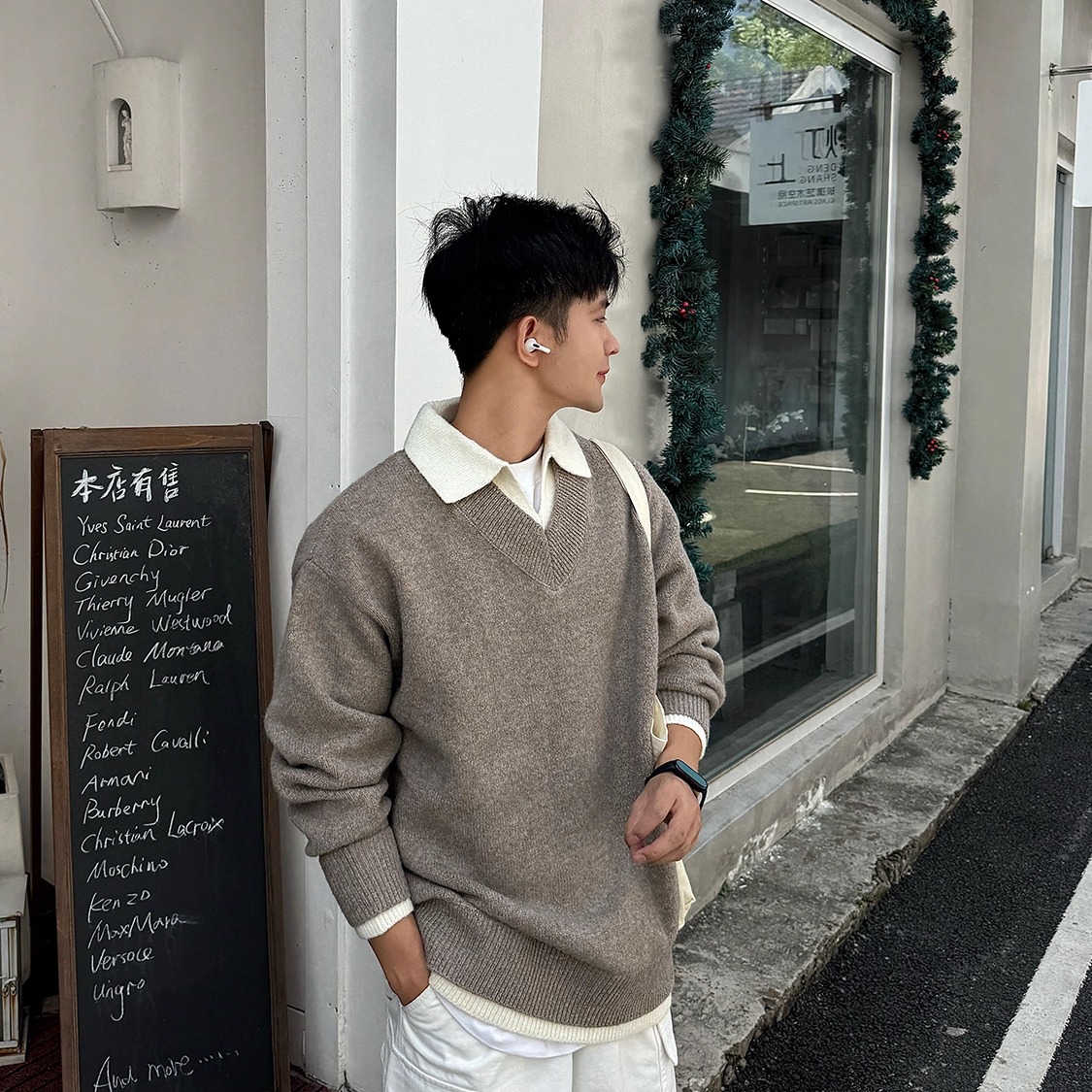 假两件v领毛衣男款秋冬季