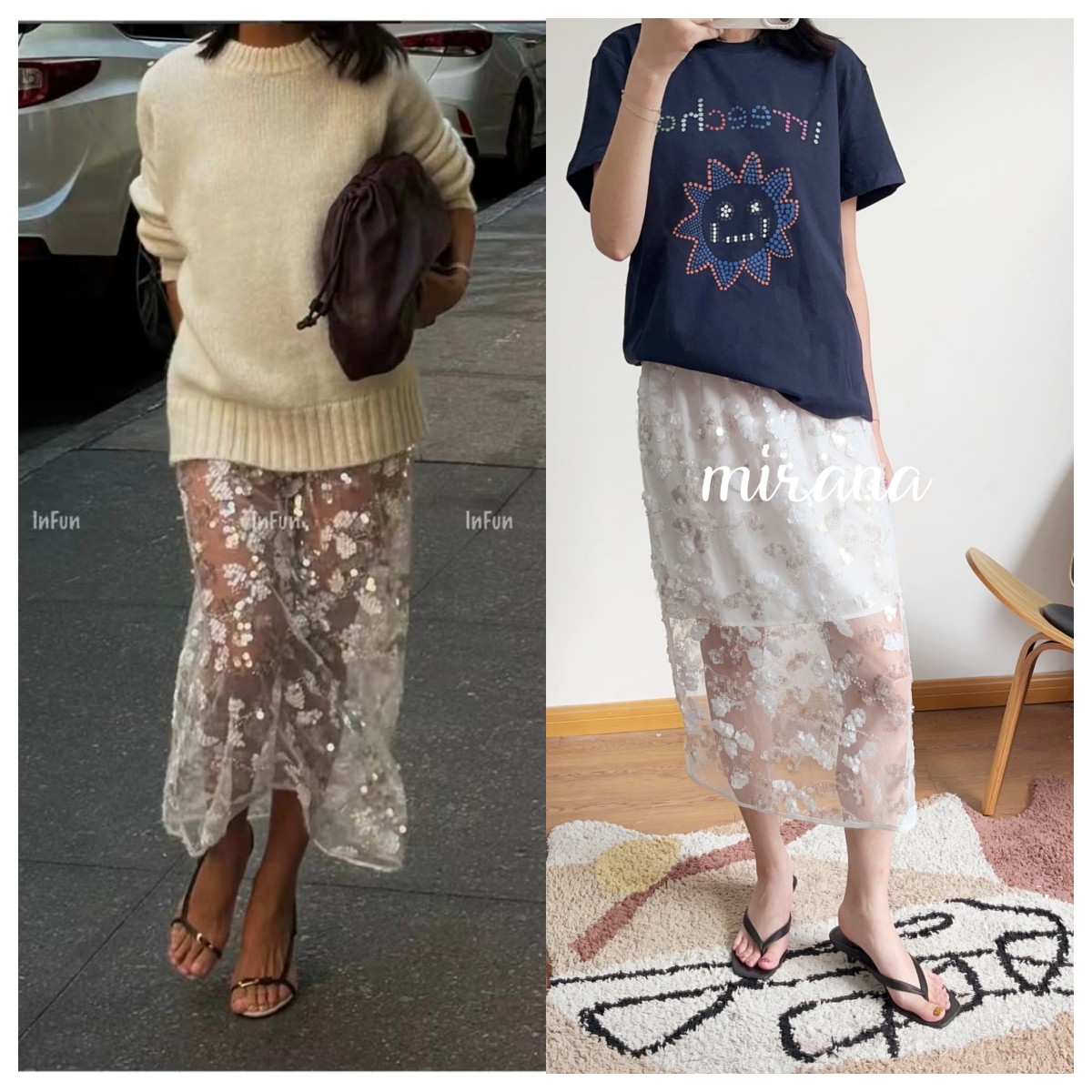 超美北欧！刺绣叠穿神器闪闪珠片网纱半透明半身裙