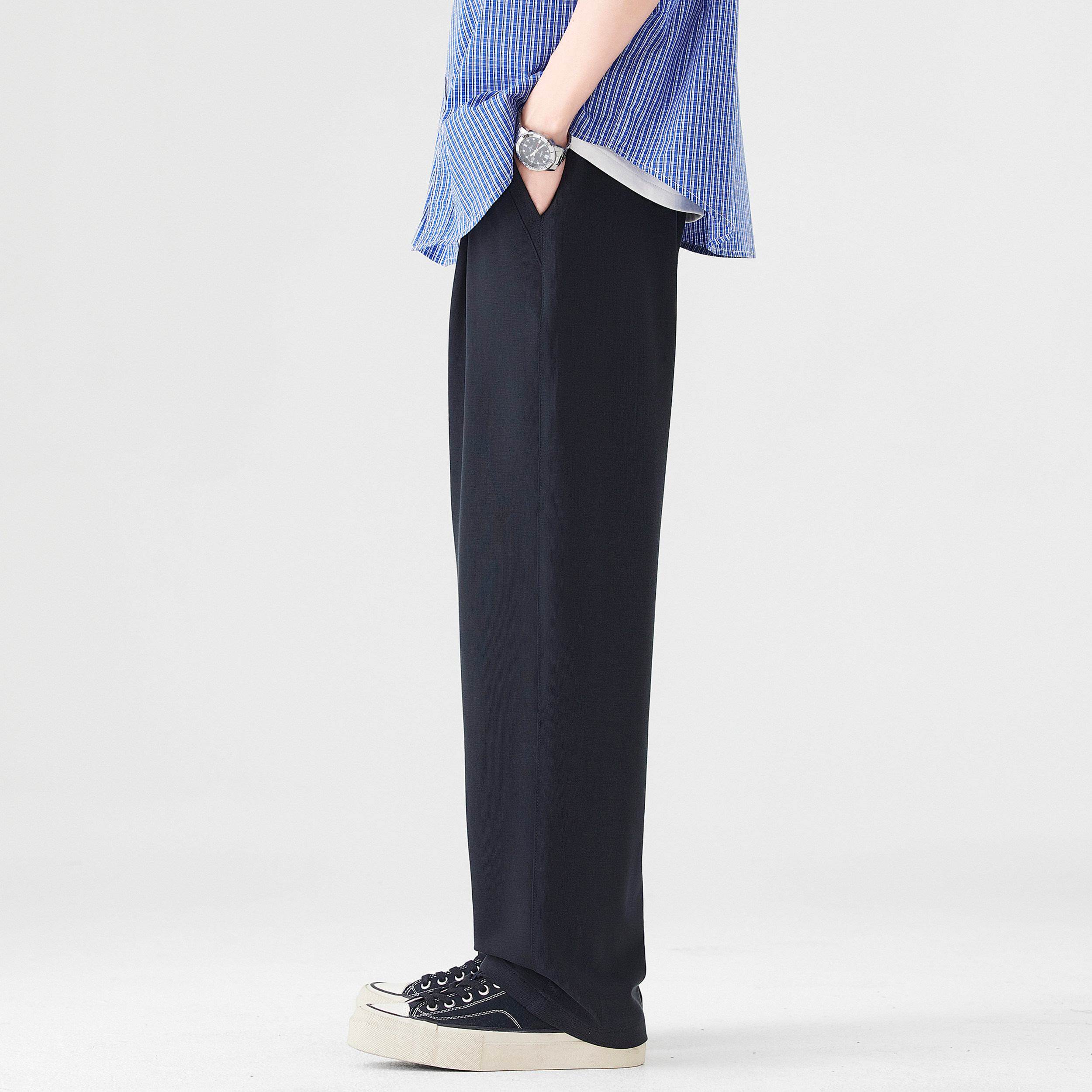 夏季薄款美式抽绳直筒垂感休闲裤男透气弯刀阔腿冰丝裤子