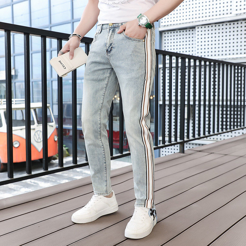 拼色九分裤子男款牛仔裤夏季薄款修身小脚浅蓝色时尚潮流男士裤子