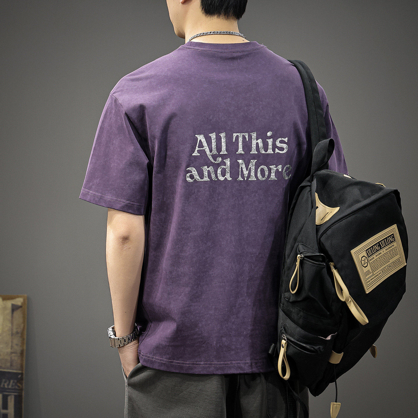 高端紫色印花短袖T恤男2026夏季新款美式重磅圆领纯棉透气半袖衫