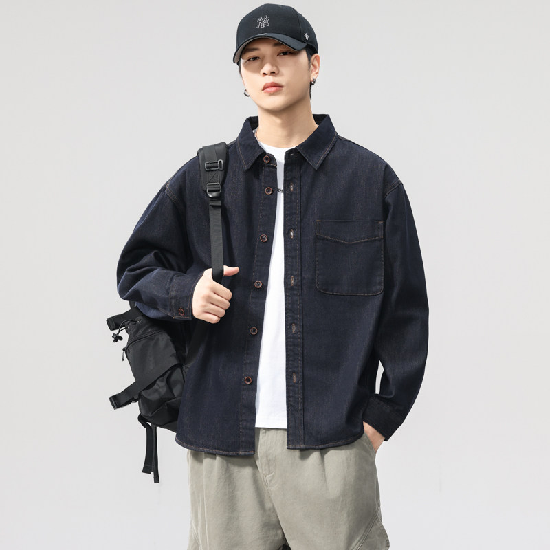 高端复古丹宁水洗牛仔衬衫男2025秋季新款宽松美式辑明线长袖衬衣,男装,牛仔衬衫,淘宝优惠券,粉丝福利购,淘宝优惠卷