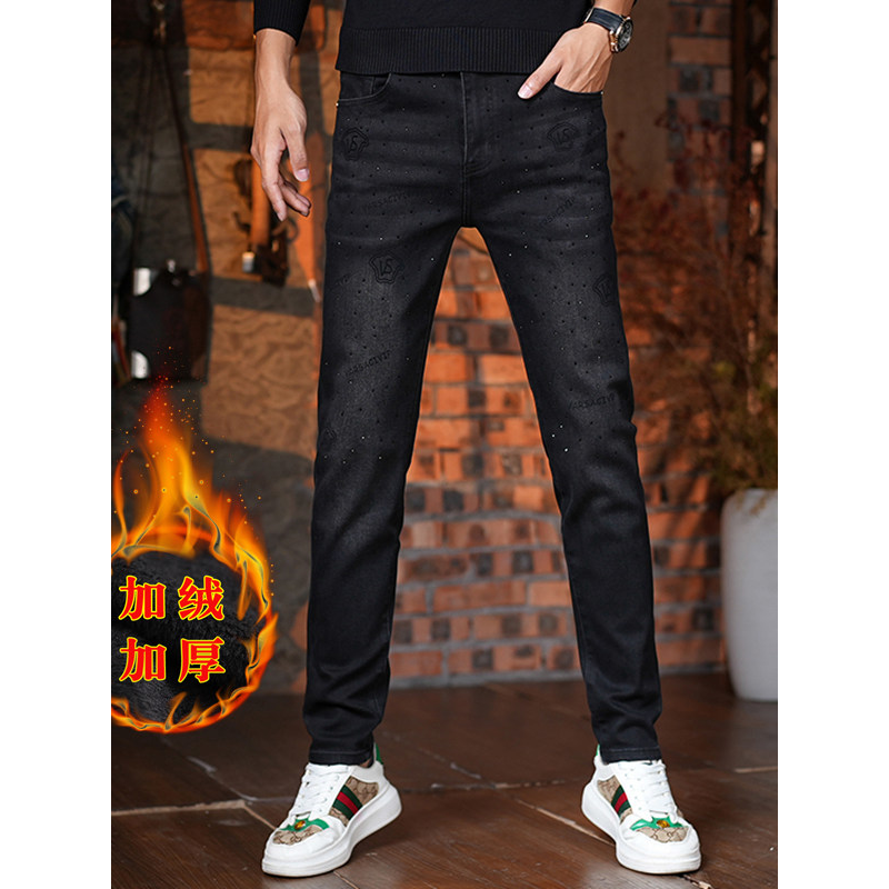 黑色加绒加厚保暖烫钻牛仔裤男修身小脚广州新塘潮牌高端百搭裤子,男装,牛仔裤,淘宝优惠券,粉丝福利购,淘宝优惠卷