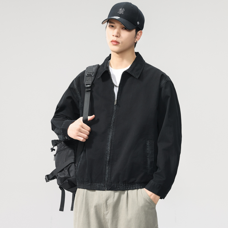 高端美式复古黑色做旧翻领外套男士2025秋季新款纯色宽松工装夹克
