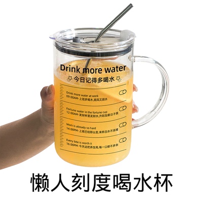 1000ml时间刻度喝水杯大容量玻璃水 耐高温带不锈钢吸管养生好物