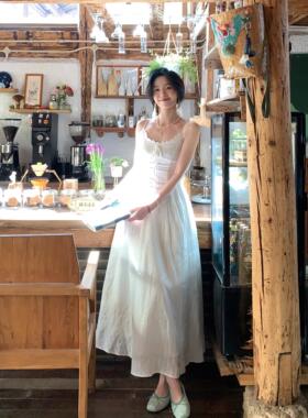 Even一雯【奶油泡芙】韩系吊带洋装女春夏温柔显瘦白色蕾丝长裙