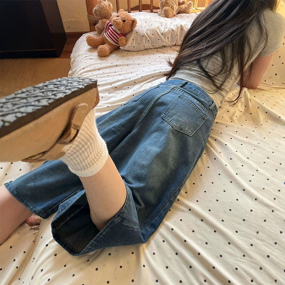 美式复古七分牛仔裤女款夏季薄高腰宽松阔腿裤高街小个子过膝短裤