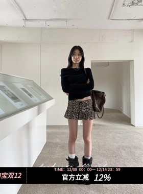 fortunee 豹纹绑带设计小短裙蛋糕裙裤女秋季美式辣妹复古风A字裙