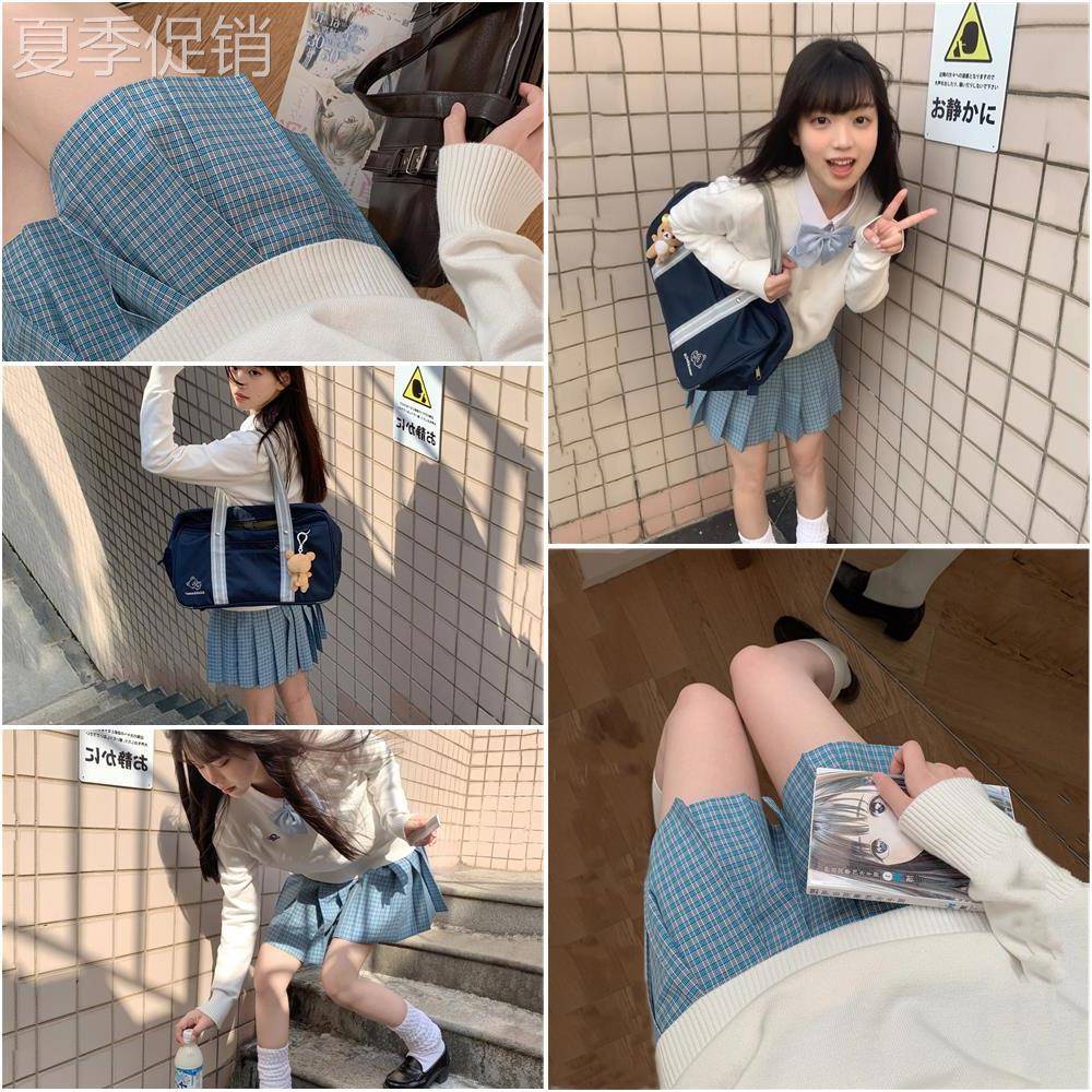 松蓝/jk制服裙正版日系水蓝色校供感格裙半身裙高腰百褶裙学院风
