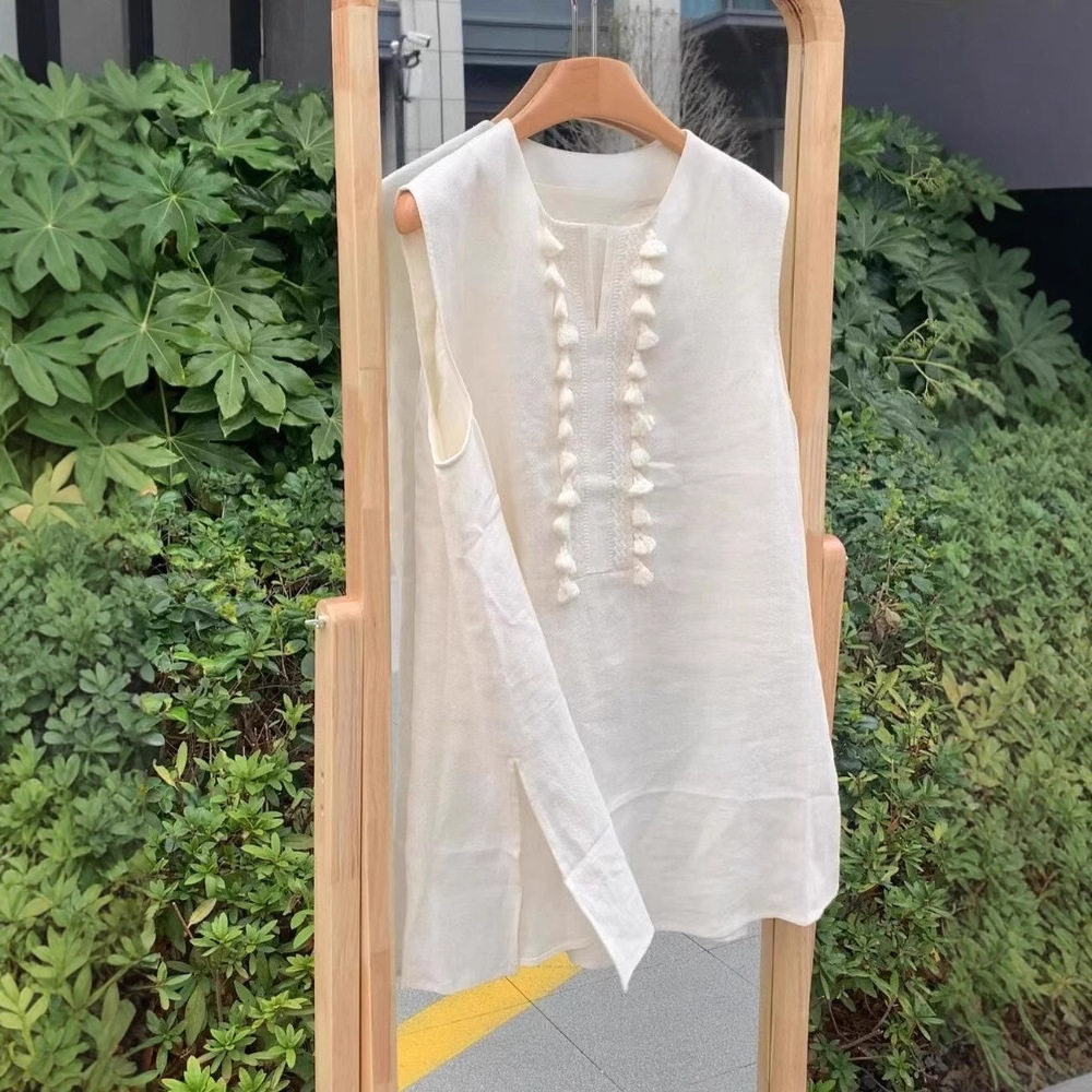 【商场同款】欧货亚麻背心女2025新款中长款独特流苏无袖衬衫夏季