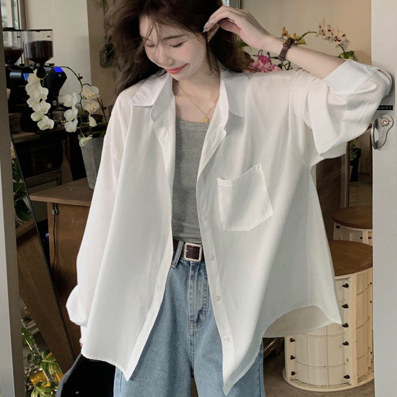 白色冰丝防晒衬衫女夏季小个子开衫外搭薄款衬衫宽松外套长袖上衣
