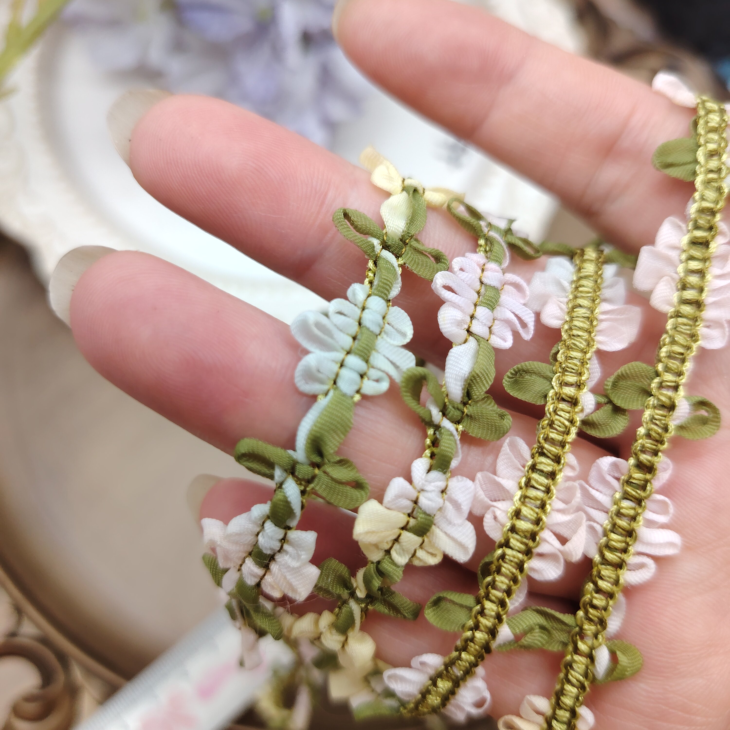 1米进出口仿真丝唯美渐变花朵贴夹子发箍帽仙女裙压缝花边辅料