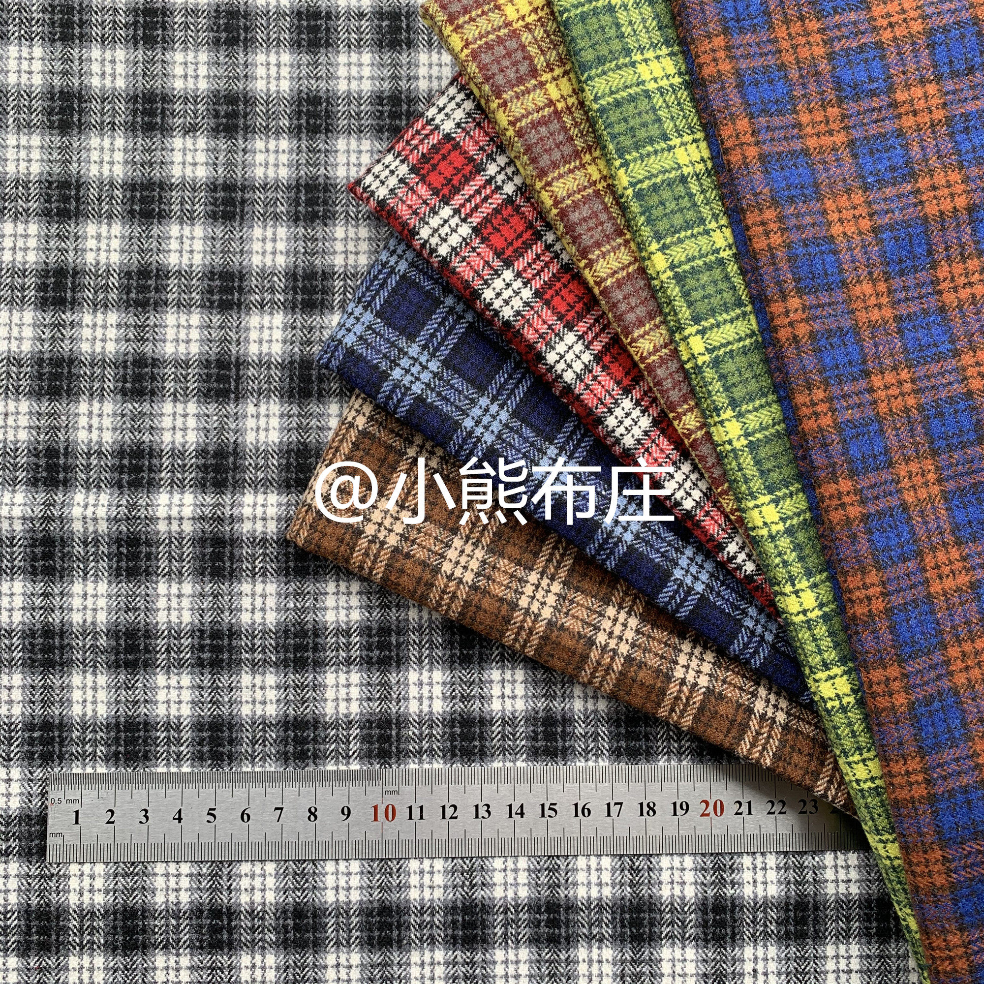 小熊布庄 春秋复古色薄呢小格子毛呢布料 羊毛法兰呢DIY服装面料