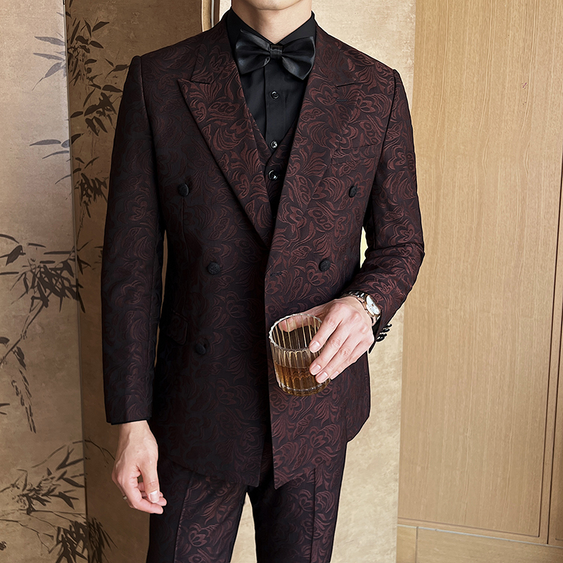 高端宴会印花西服套装男士潮流韩版修身职业正装双排扣酒红西装男