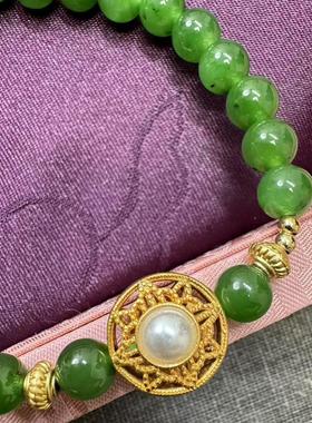 潘家园 和田玉碧玉搭配银饰设计款女款手串 约6mm pjy-ys-109