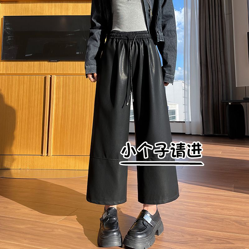 黑色休闲阔腿pu皮裤女款2025新款秋装145小个子高级感八分弯刀裤9