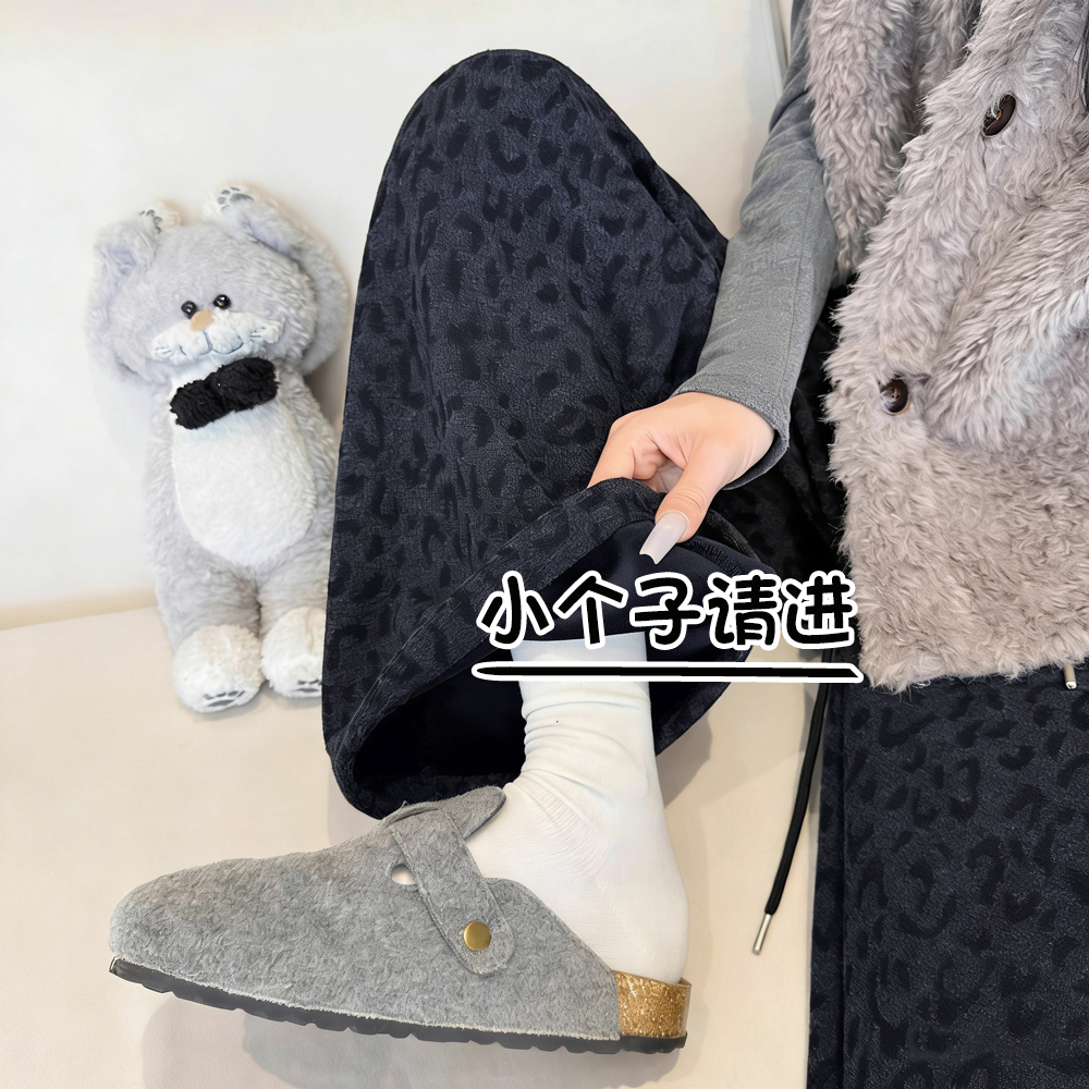 豹纹糯米裤子女秋冬150小个子慵懒宽松垂感休闲八分加绒阔腿长裤s