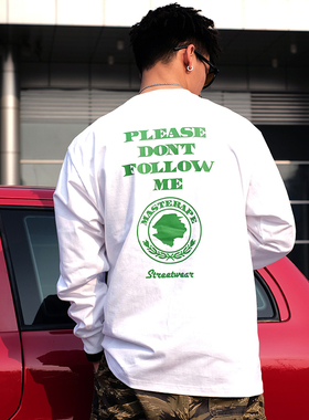 Masterape23ss新款美式宽松绿色印花主题纯棉宽松重磅男女长袖T恤