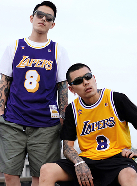 Masterape致敬科比湖人美式复古刺绣球衣8号24号篮球背心紫色nba