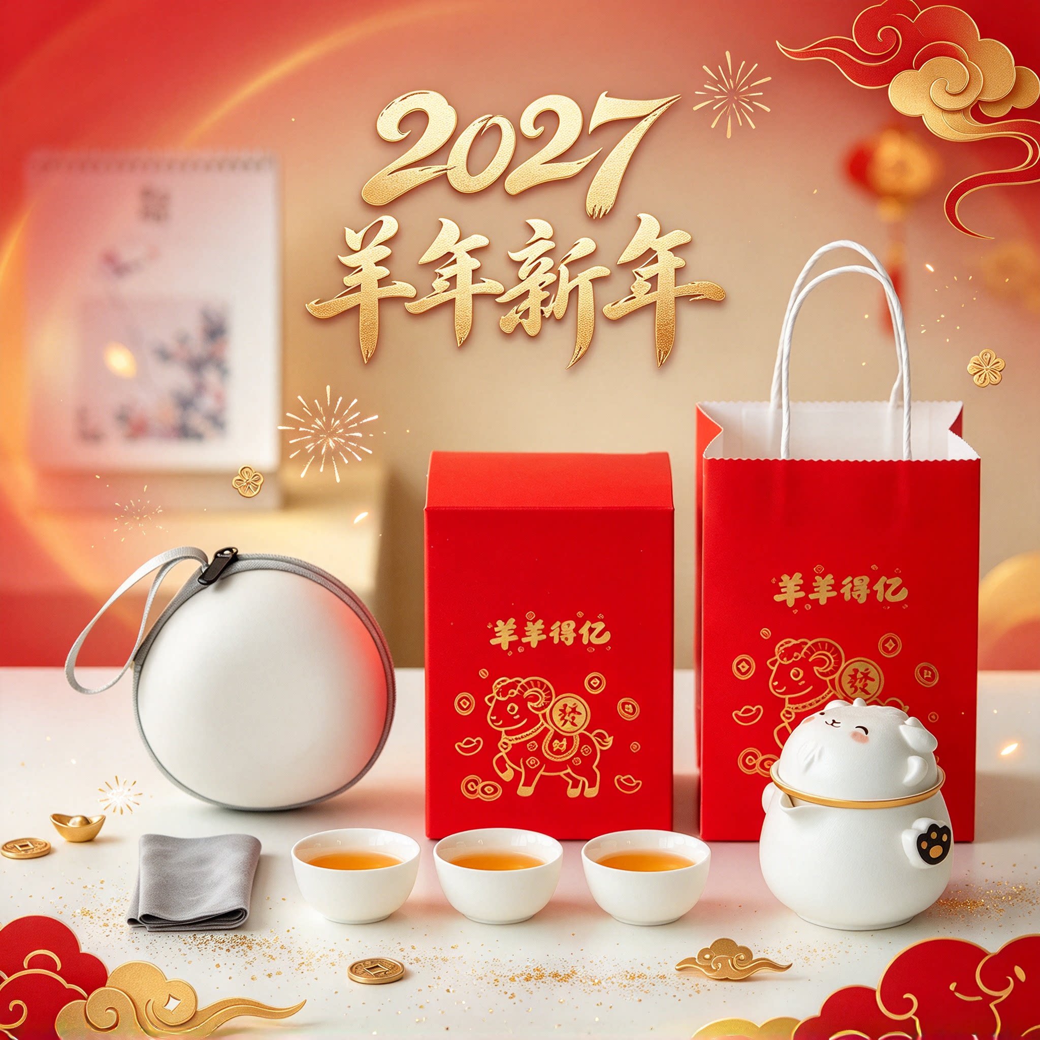羊羊得亿新年旅行功夫茶具套装白瓷茶壶茶杯装伴手礼企业商务定制