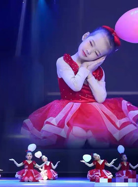 中国芭比戏梦蝶演出服蓬蓬纱裙六一儿童幼儿舞蹈红色喜庆表演服装