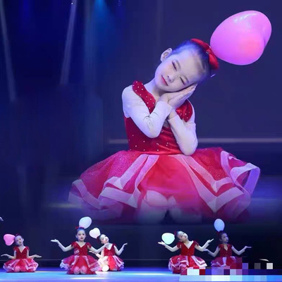 中国芭比戏梦蝶演出服蓬蓬纱裙元旦儿童幼儿舞蹈红色喜庆表演服装