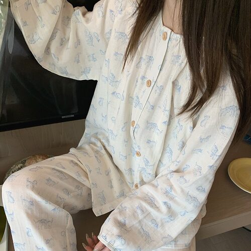 A类纯棉纱布小熊春秋睡衣套装