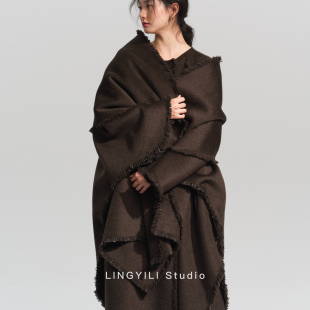 LINGYILI 冬系列 深咖色极简风蝙蝠袖流苏边缘毛呢大衣
