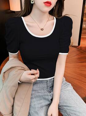 撞色U领短袖T恤女夏季法式泡泡袖