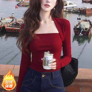 港风红色方领长袖T恤女秋冬装修身显瘦打底衫通勤风加绒内搭上衣