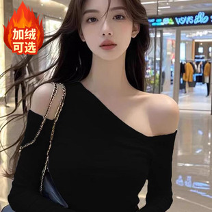 显瘦内搭打底衫 纯欲斜领露肩长袖 辣妹修身 新款 别致上衣 T恤女春季