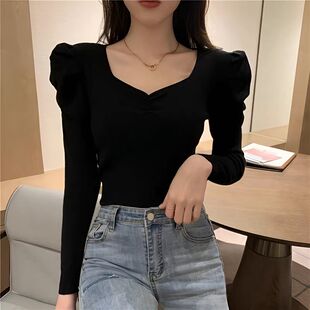 轻熟优雅风黑色泡泡袖V领长袖T恤女修身显瘦洋气小众设计感打底衫