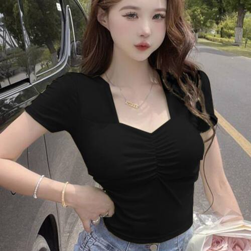 纯欲辣妹性感褶皱修身显瘦T恤女
