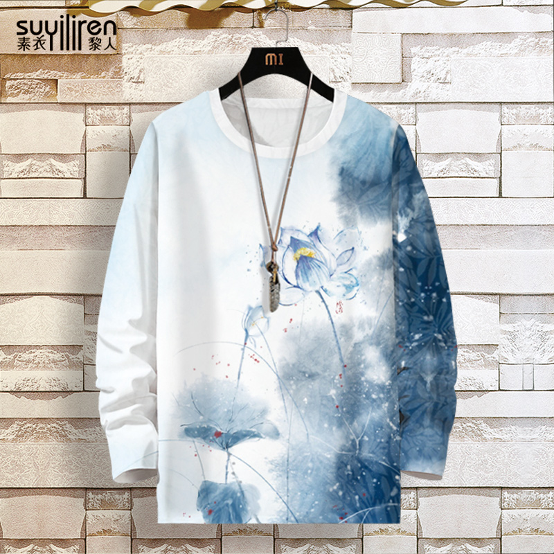 古风国潮水墨薄款春秋季长袖t恤