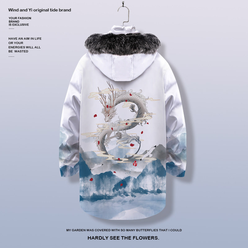 中长款羽绒服外套男龙印花国风连帽加厚棉服可拆卸内胆青少年上衣