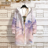 中国风男装 大衣 连帽长款 水墨风衣男士 秋冬级外套国潮加厚衣服大码