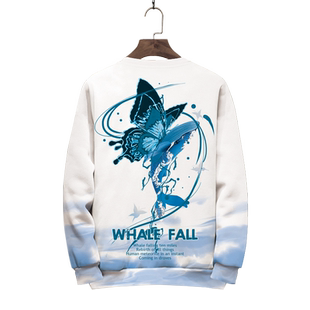 ins潮牌圆领卫衣男款春季鲸鱼蝴蝶印花高级感宽松长袖T恤薄款外套