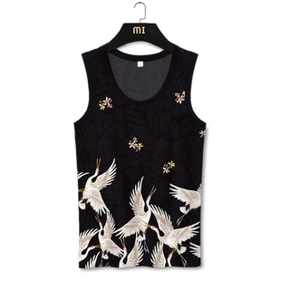 国潮仙鹤图案背心男潮流无袖T恤中国风男装冰丝速干大码二道坎肩