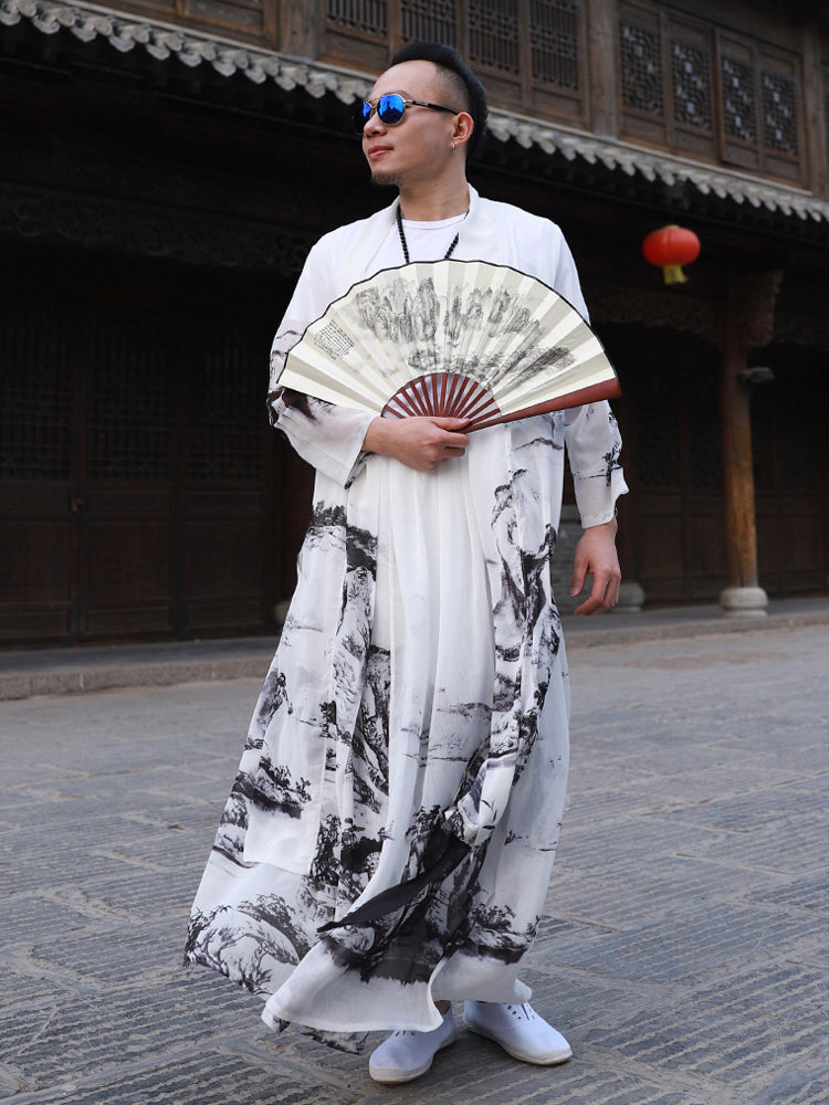 国潮道袍男款长袍宽松汉服外套夏季薄款披风襦裙女中国风雪纺长衫