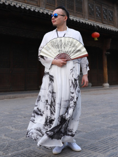 国潮道袍男款长袍宽松汉服外套夏季薄款披风襦裙女中国风雪纺长衫