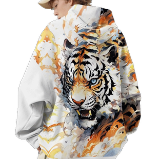 连帽卫衣外套男ins潮牌国风老虎头图案上衣秋季薄款宽松大码衣服