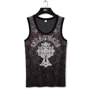 健身马蹄背心男士大码梵文印花无袖T恤夏季薄款速干二道坎肩加肥