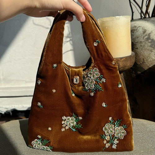 真丝丝绒手拎包女春季新款钉珠刺绣包包新中式女包百搭复古手拿包