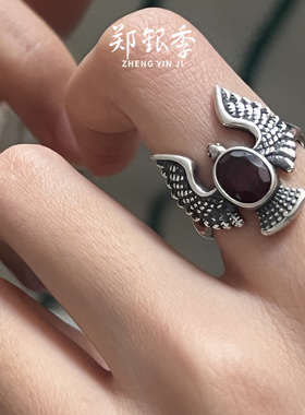 郑银季女S925银石榴石戒指尼泊尔风格鸽子夸张指环活口可调节