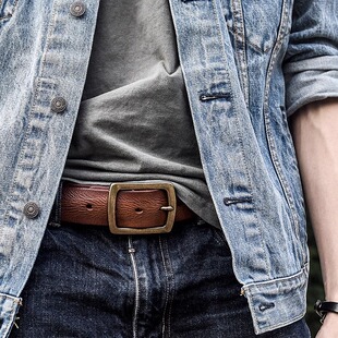 真皮腰带 带牛仔裤 复古针扣腰带皮带美式 手工头层纯牛皮皮带铜扣裤