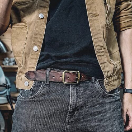 皮薯薯男简约纯牛皮黄铜复古皮带