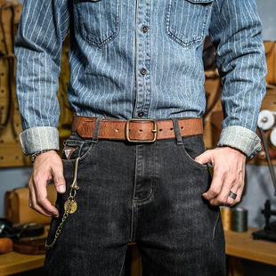 皮带头层纯牛皮铜扣牛仔裤 做旧风裤 复古手工男士 美式 真皮腰带 带