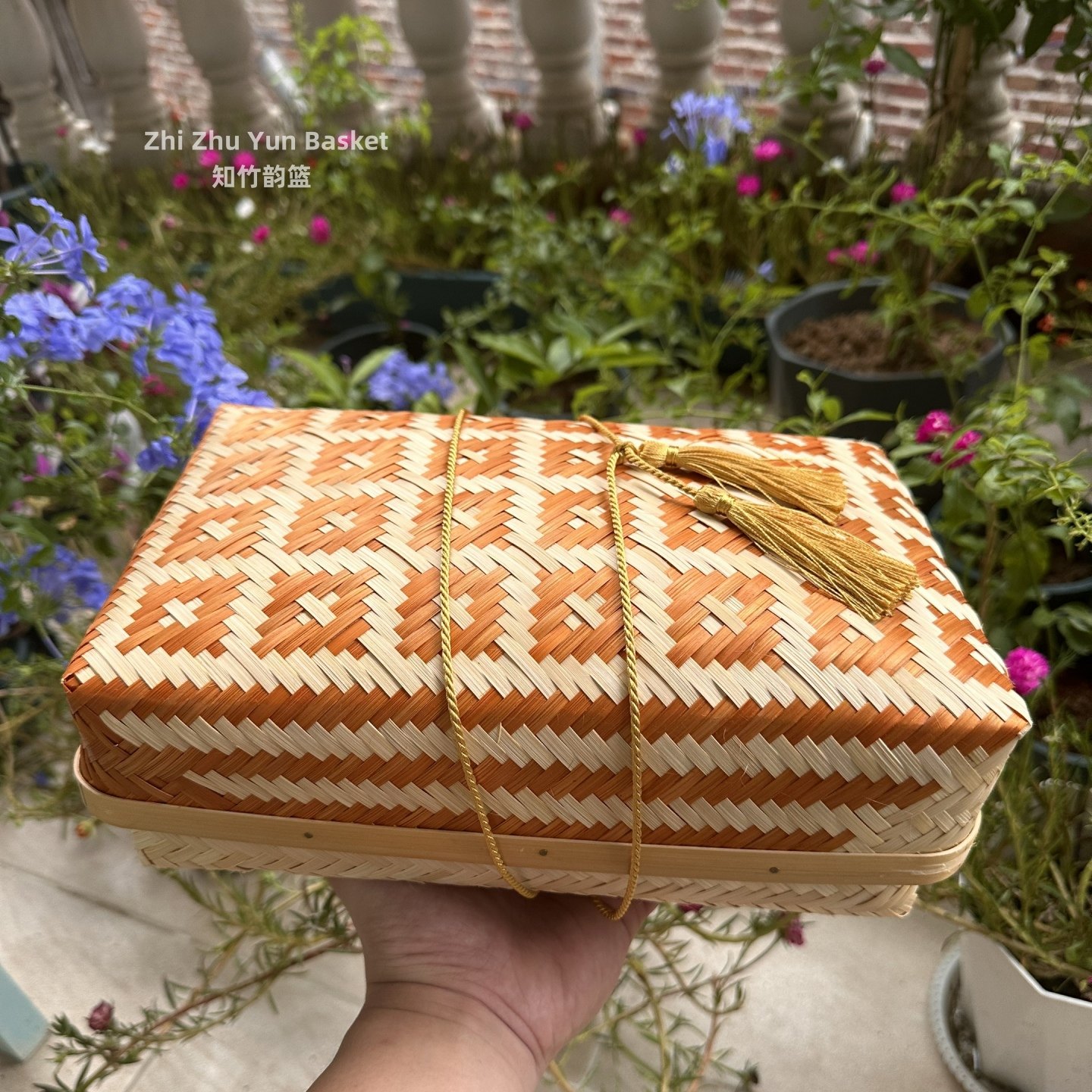2026新年新款竹编包装有花纹编织竹篮子手工年货喜庆收纳礼品盒