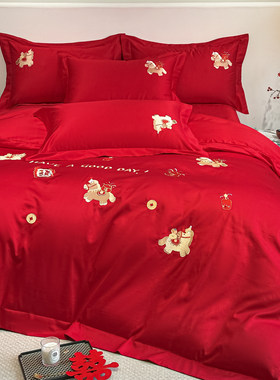 高级感大红色水洗棉婚庆四件组婚房用被套床单结婚陪嫁乔迁用床品